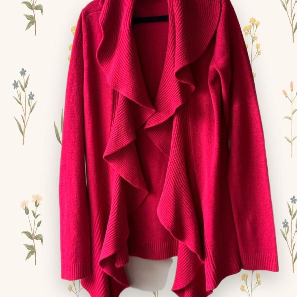Covington Red Ruffle Cascade Open Front Y2K Cardigan Sweater - S
